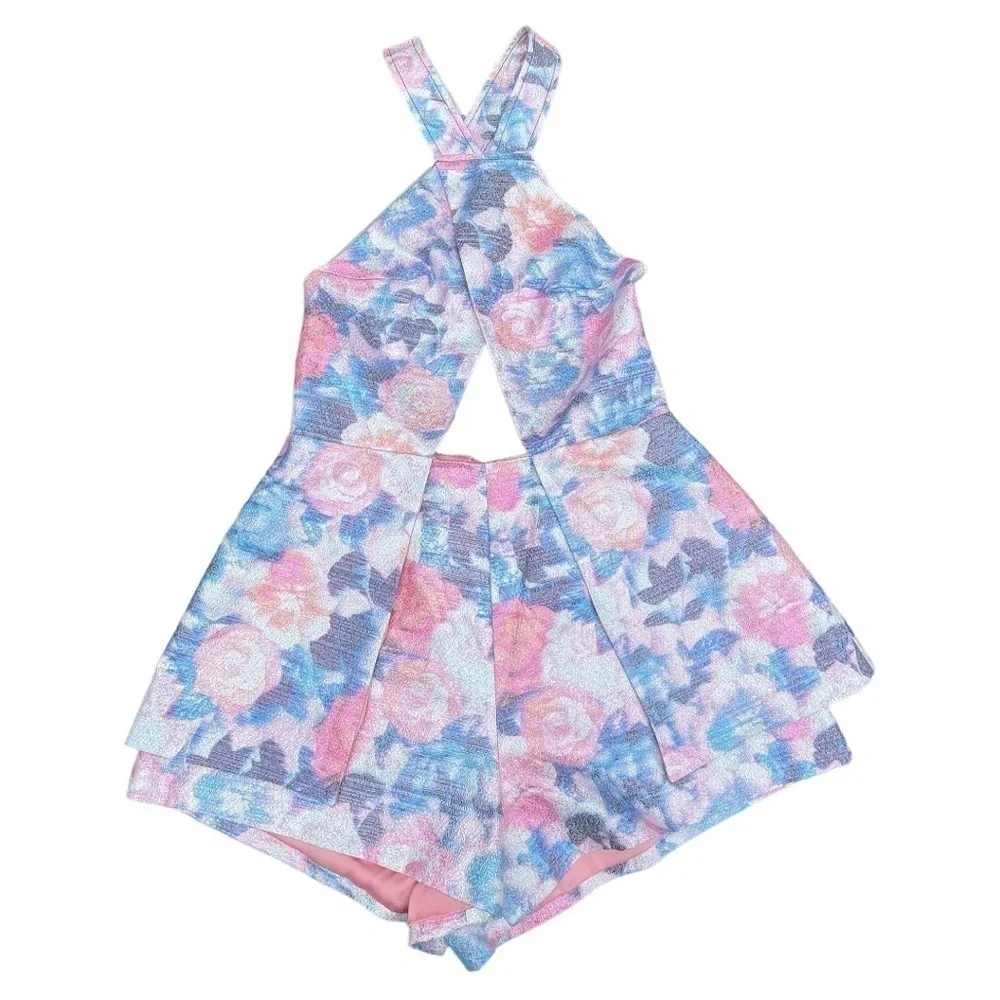 NASTY Gal floral shiny jacquard cut out halter romper shorts  Sz S - Picture 3 of 11